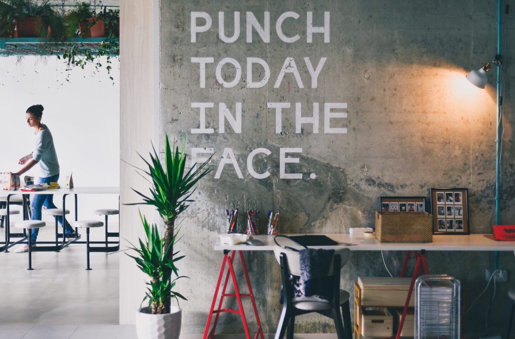 A wall with the words punch today in the face on it.
